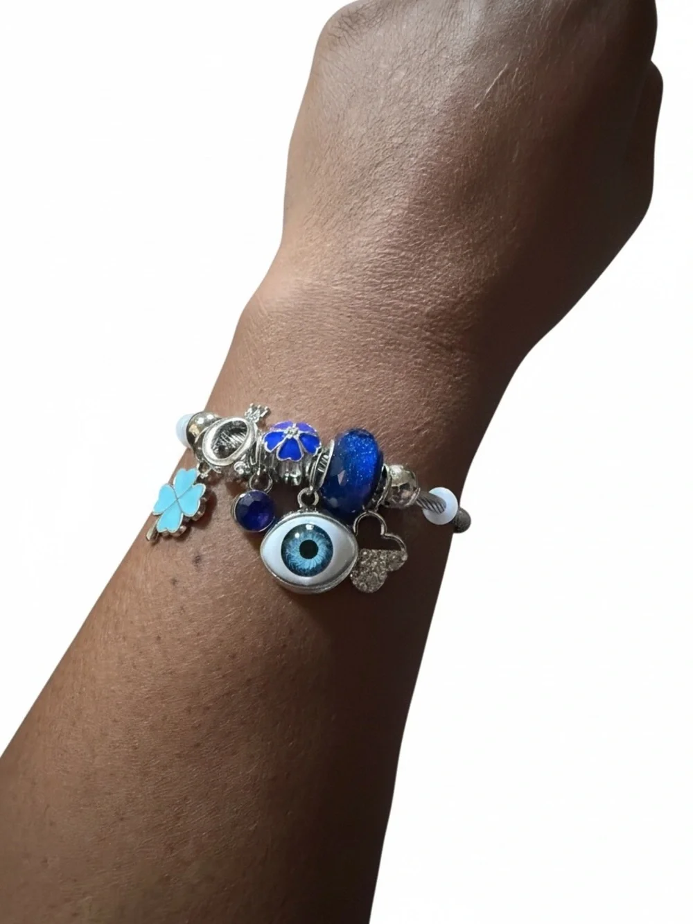Silver Charm Twisted Bangle with Blue Eye and Blue Floral Charms